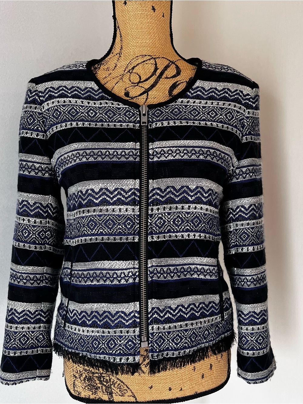 LOFT Navy and White Patterned Zip-Front Crop Jacket